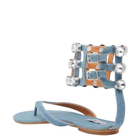 New🔥Denim Thong Open Toe Rhinestone Cuff Ankle Strap Gladiator Sandal FREE Gift - Picture 4 of 5